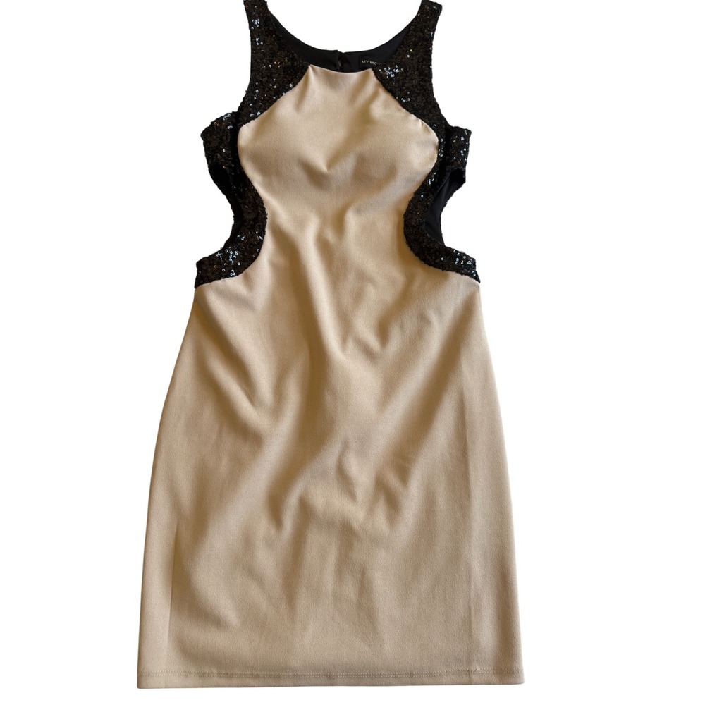 My Michelle Women Mini Bodycon Dress 5 Tan Black Sequins Sleeveless Cutout Party